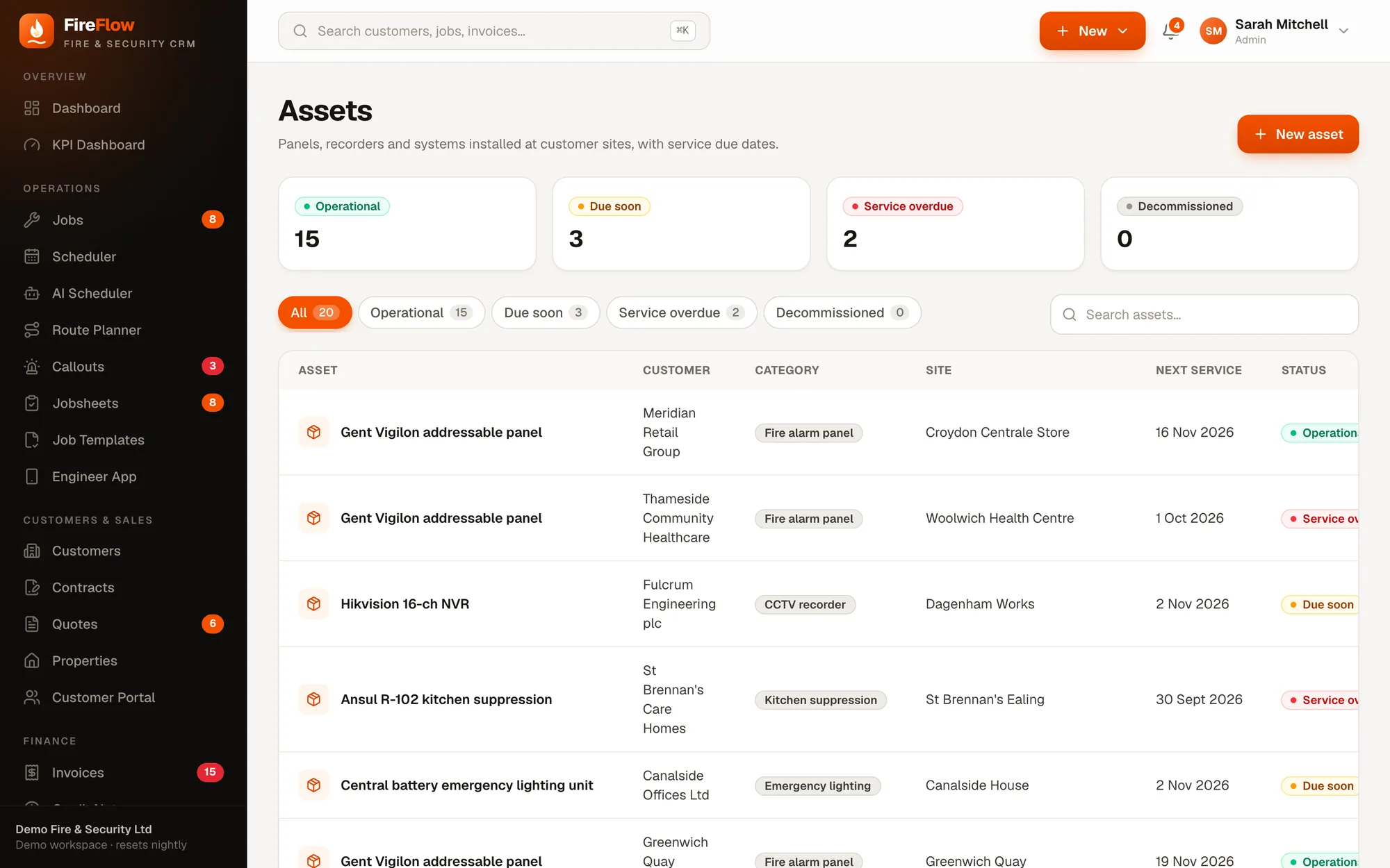 Assets screen in FireFlow