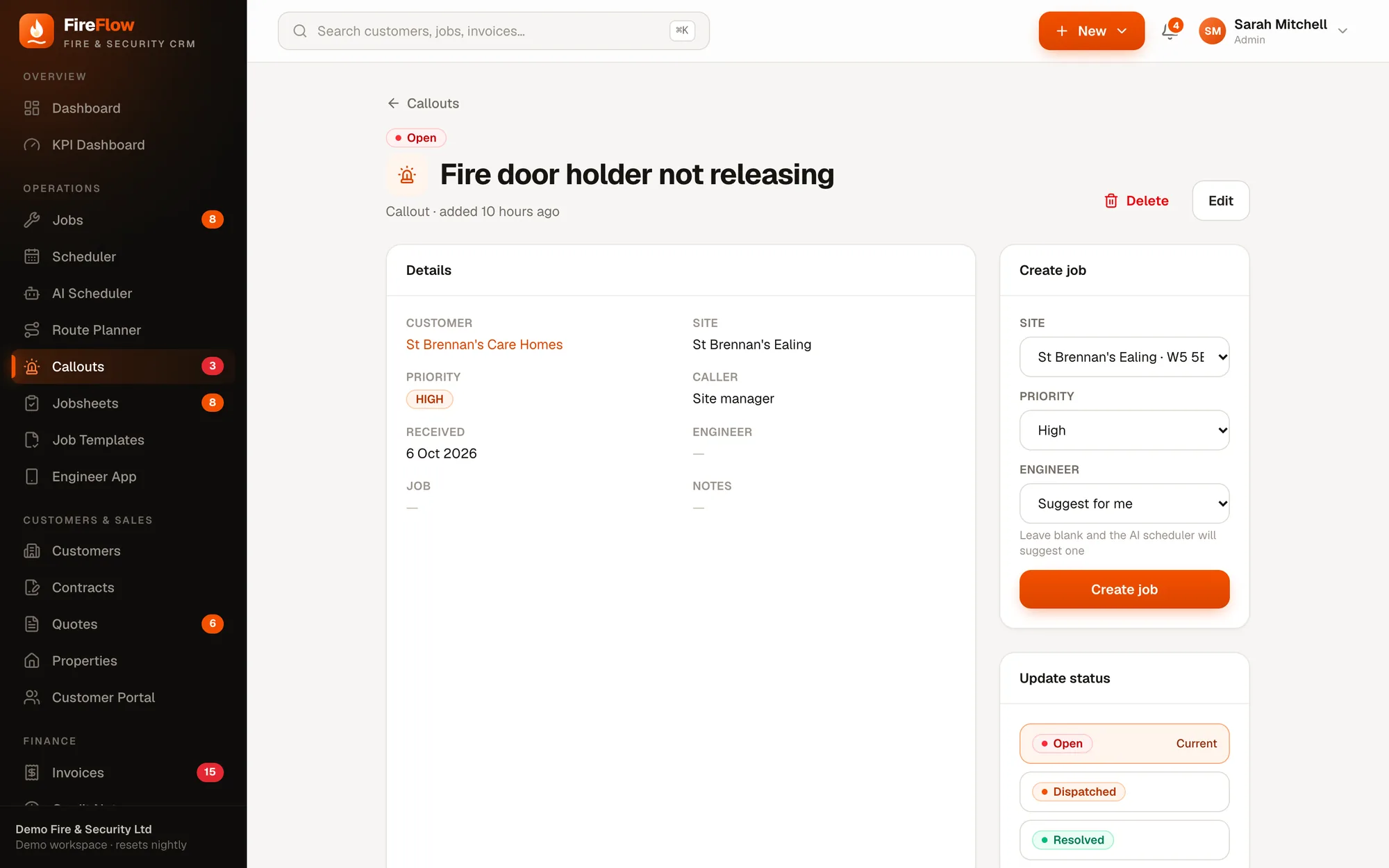 Callout → job screen in FireFlow