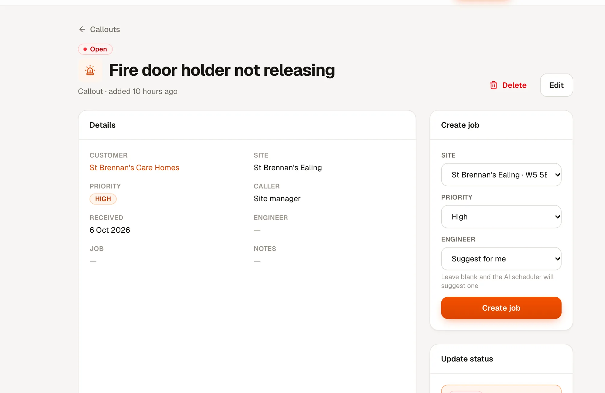 Callout 'Fire door holder not releasing' with the Create job panel