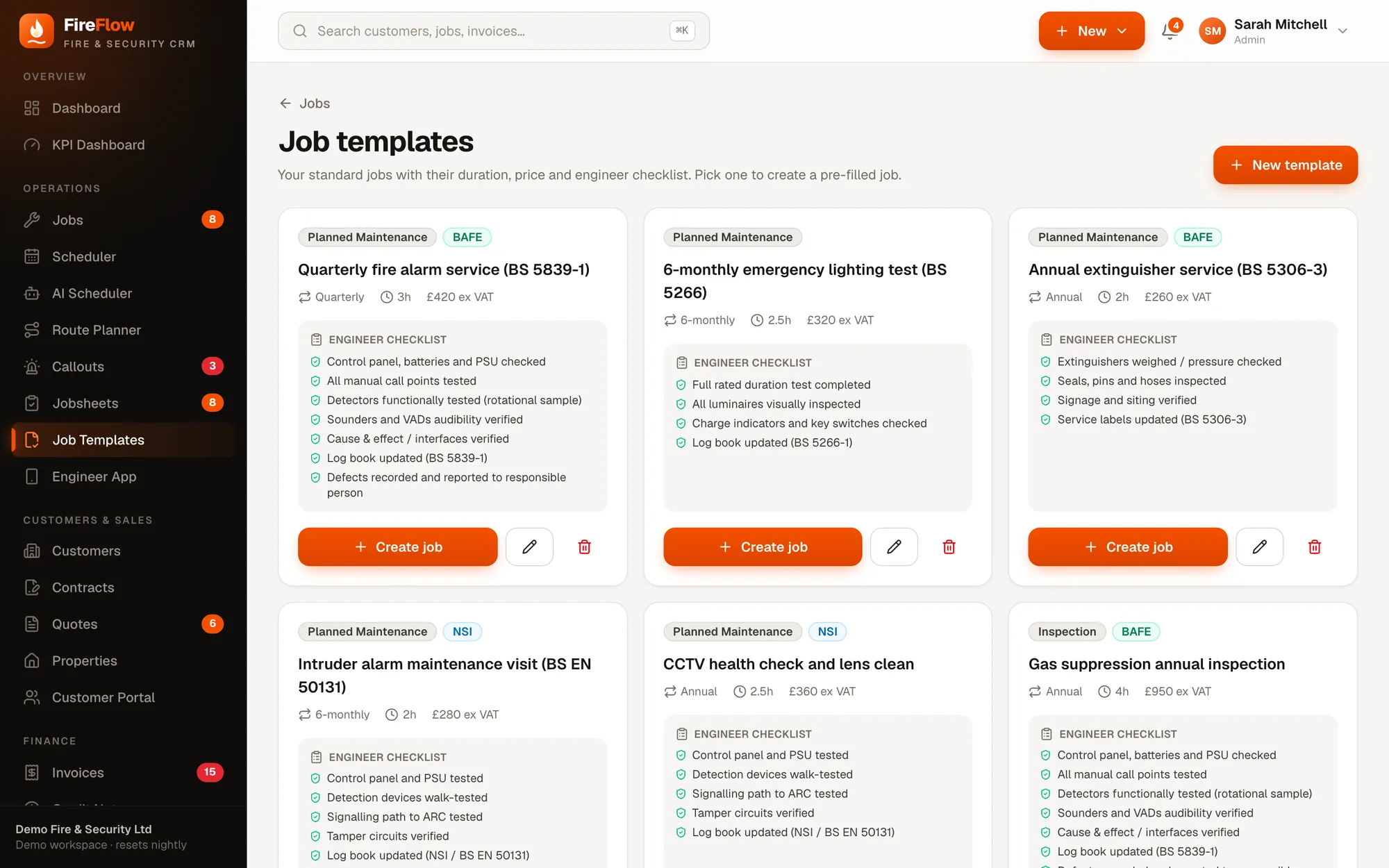 Job templates screen in FireFlow