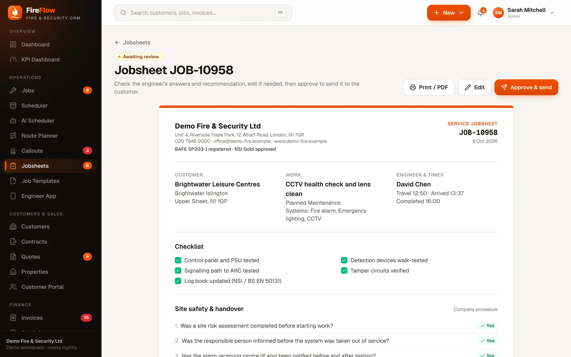 Jobsheet JOB-10958 awaiting review with Approve and send