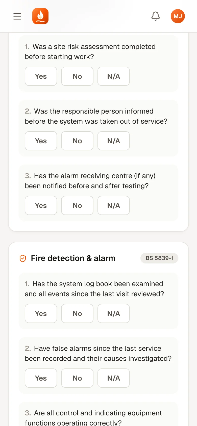 BS 5839-1 jobsheet questions on a phone