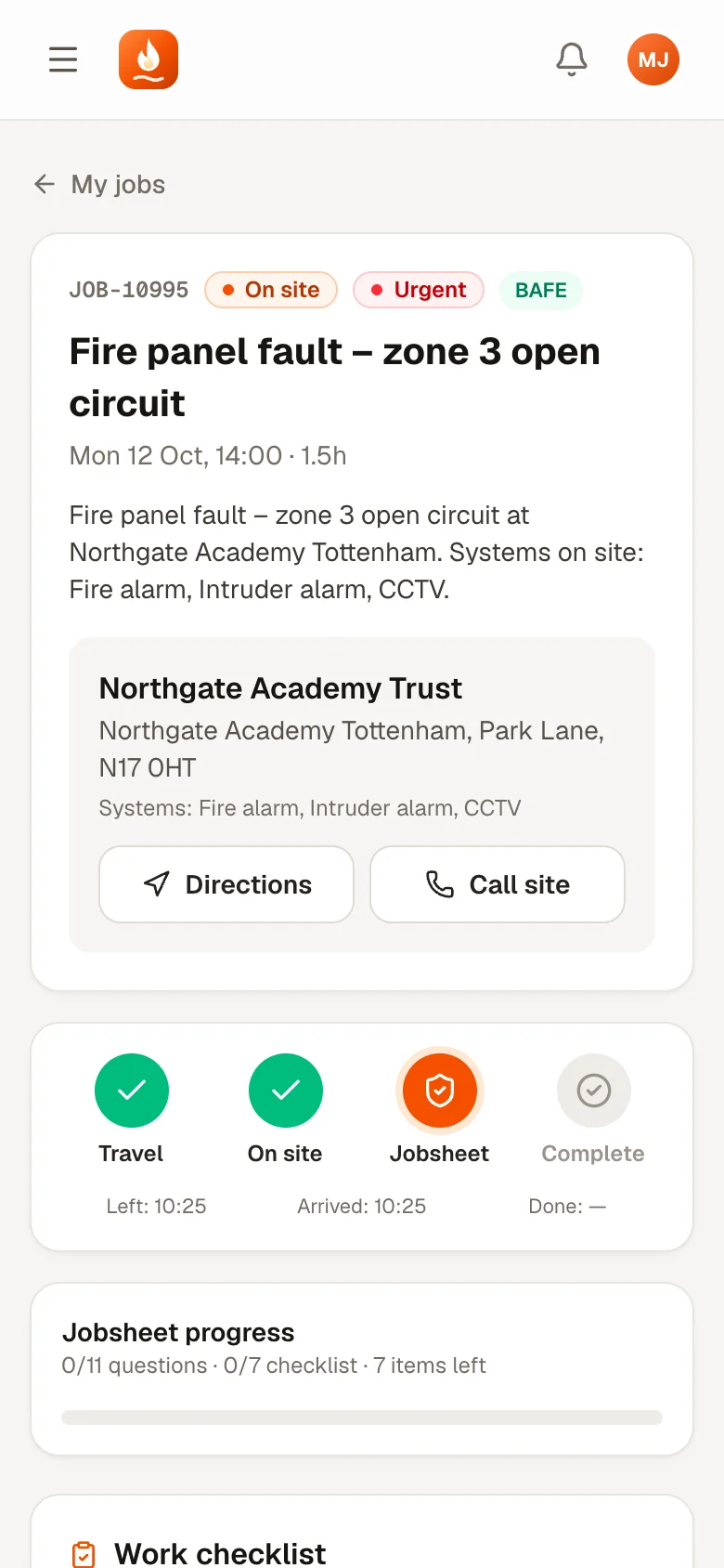 Engineer's job screen showing travel and arrival complete