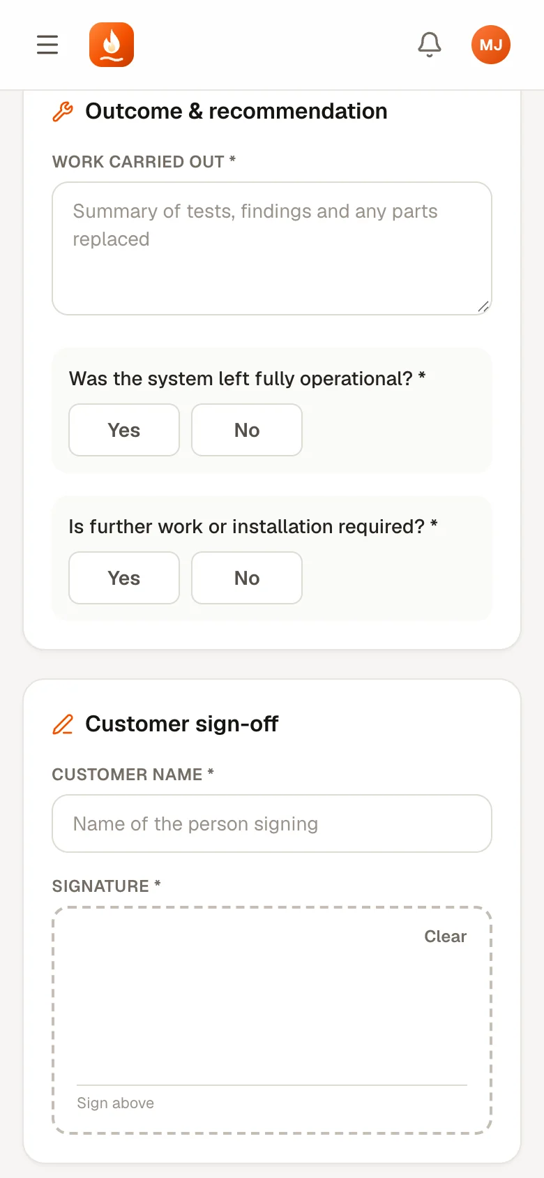 Outcome, recommendation and customer sign-off on a phone