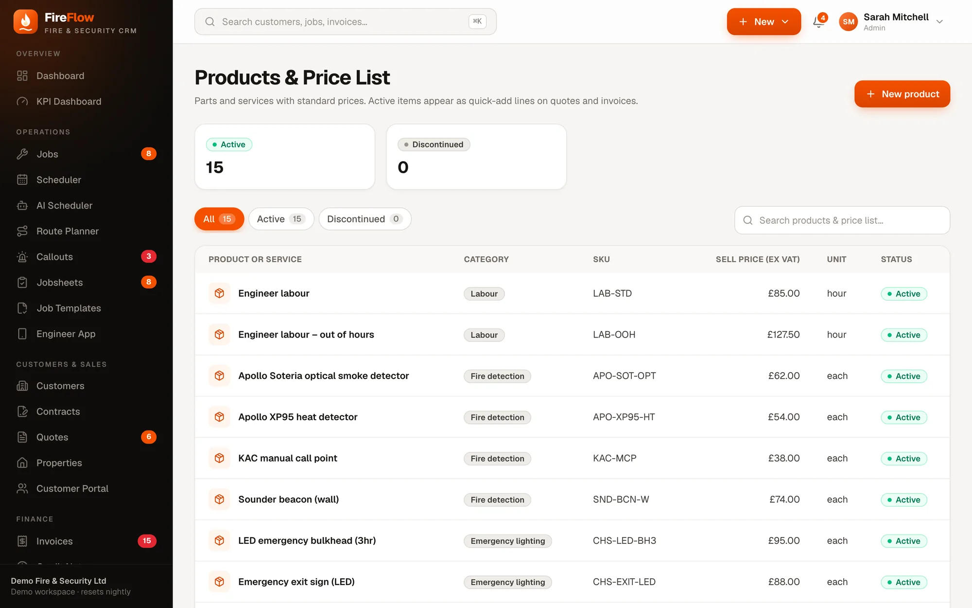 Products and price list