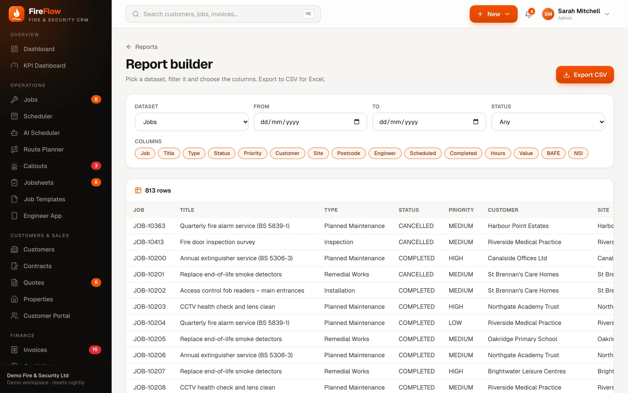 Report builder screen in FireFlow