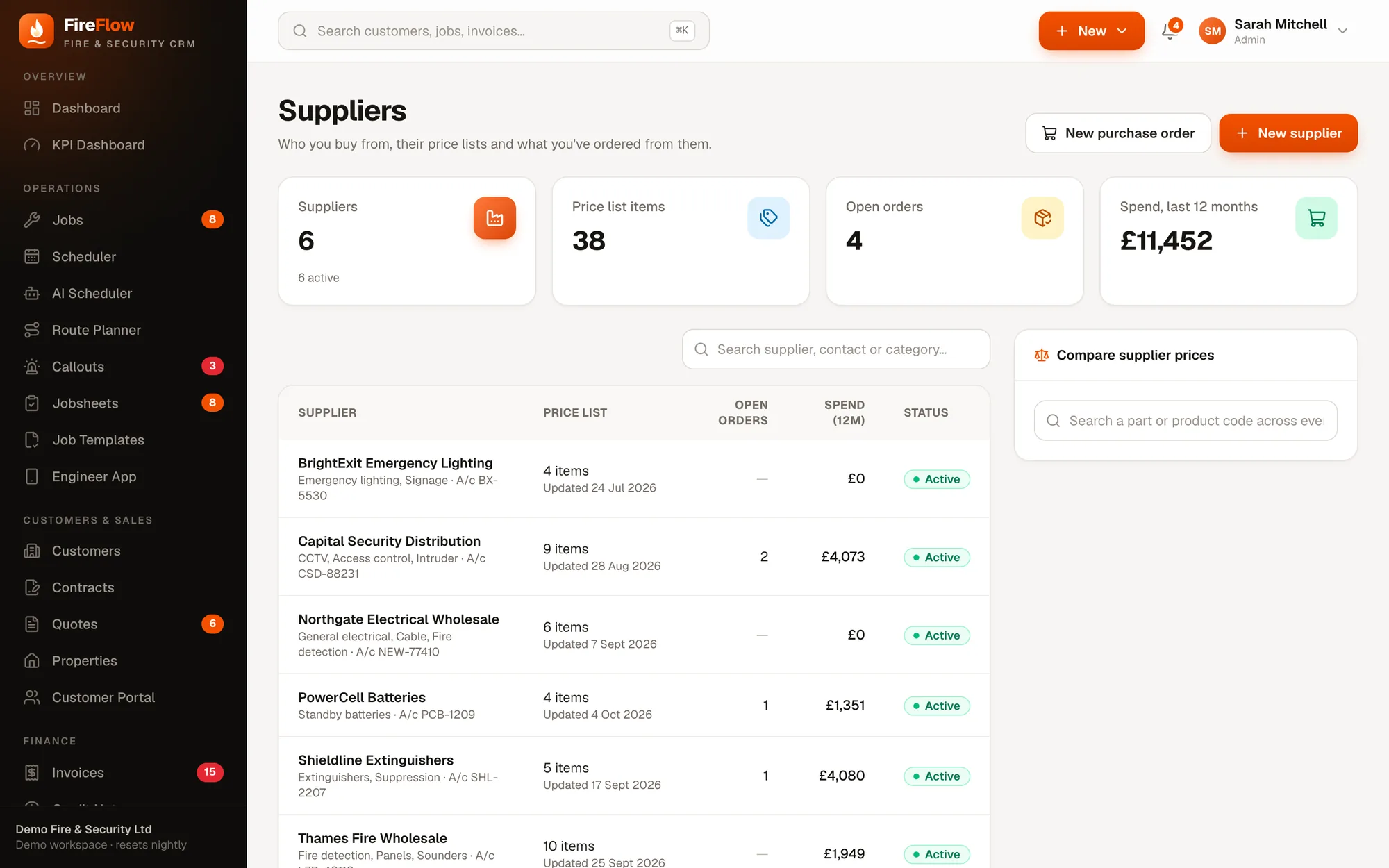 Suppliers list with price list items, open orders and 12-month spend