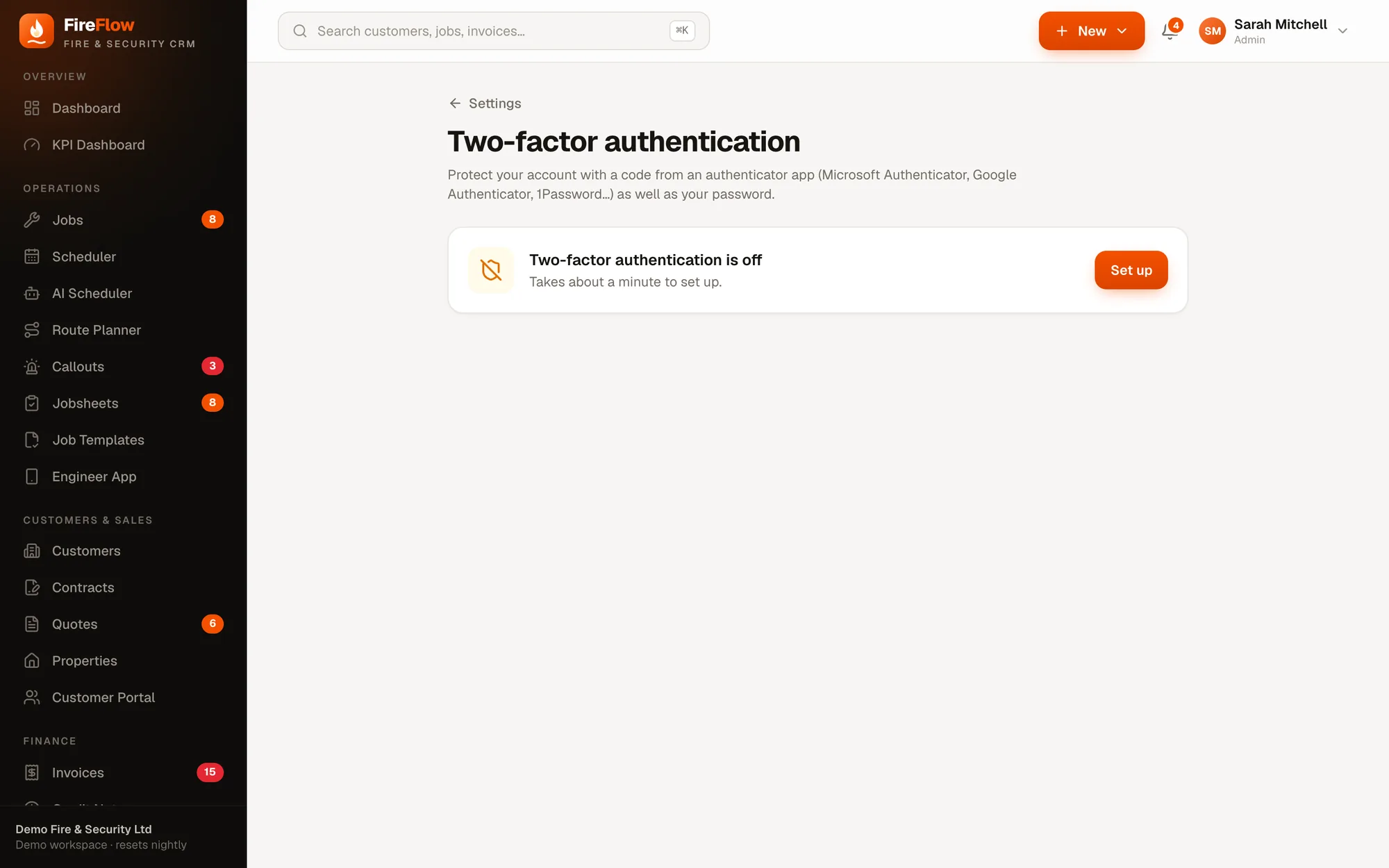 Two-factor authentication screen in FireFlow